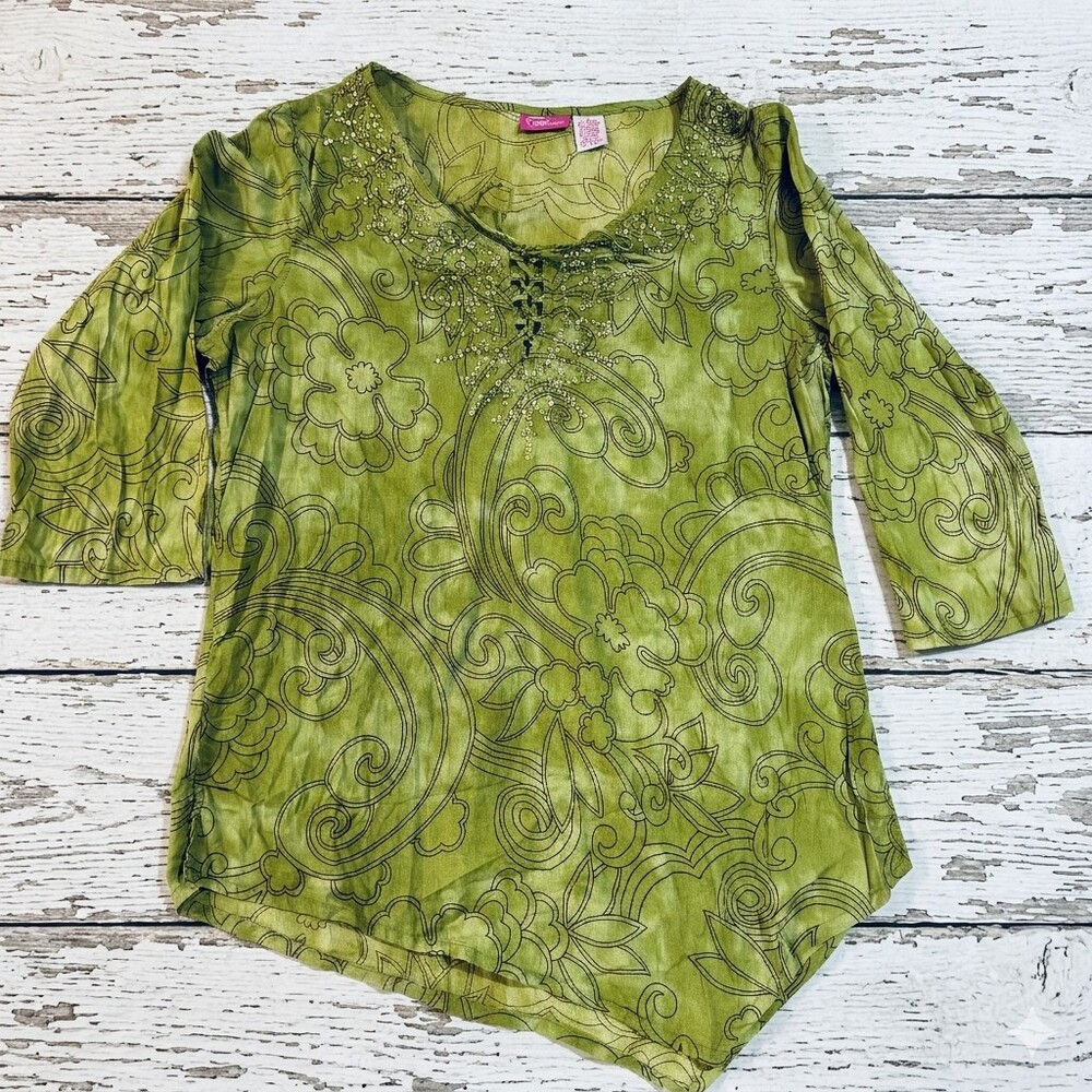Pappagallo Green Floral Boho Blouse L 3/4 Sleeve Sequin Asymmetrical UNIQUE